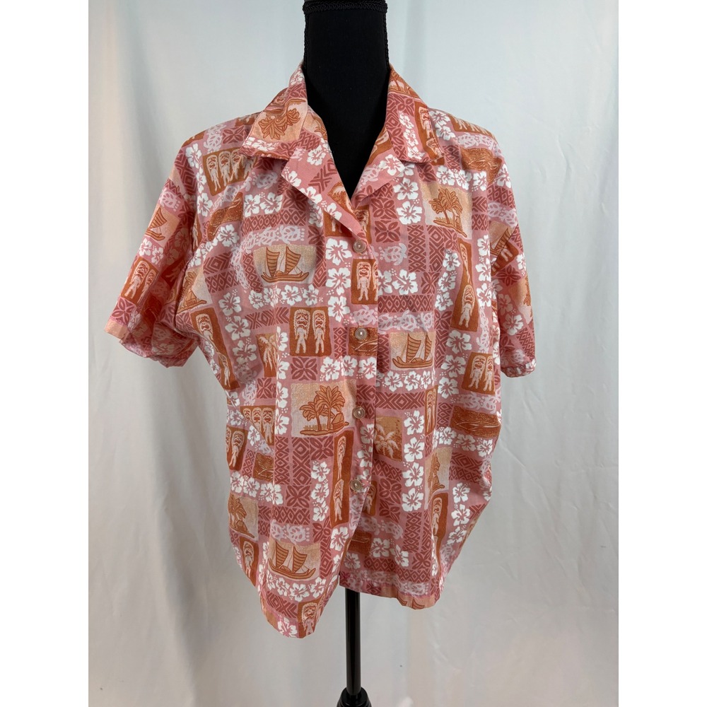 Vintage Made in Hawaii Tiki Aloha Shirt Salmon Pink Orange XL Short Sleeve